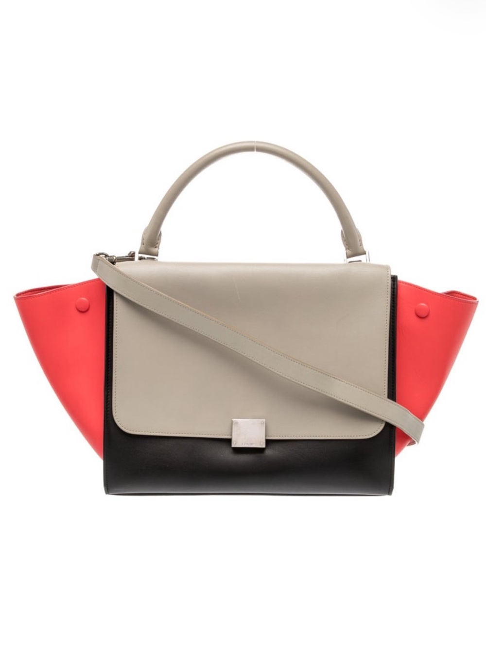 Celine  Tricolor Leather Satchel - Taupe, Black & Coral with dust bag